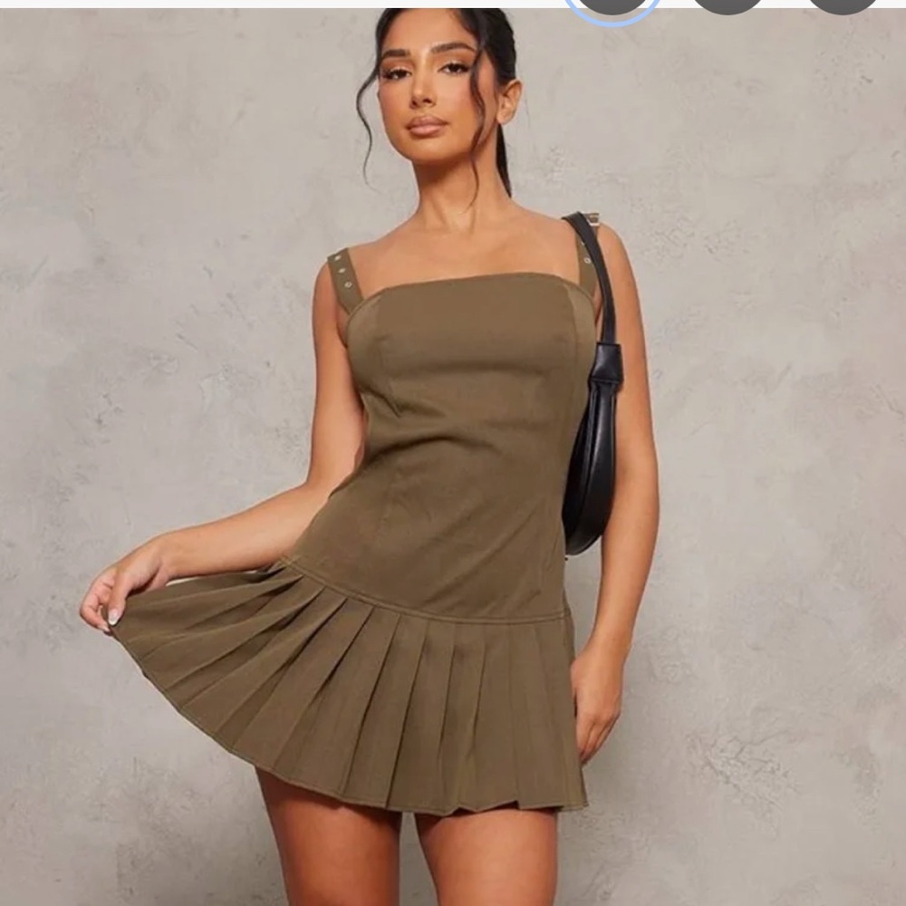 PrettyLittleThing Khaki Pleated Mini Dress